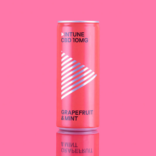 Brightly-coloured can of Grapefruit & Mint CBD-infused drink. 10mg CBD. All natural; high quality, refreshing.