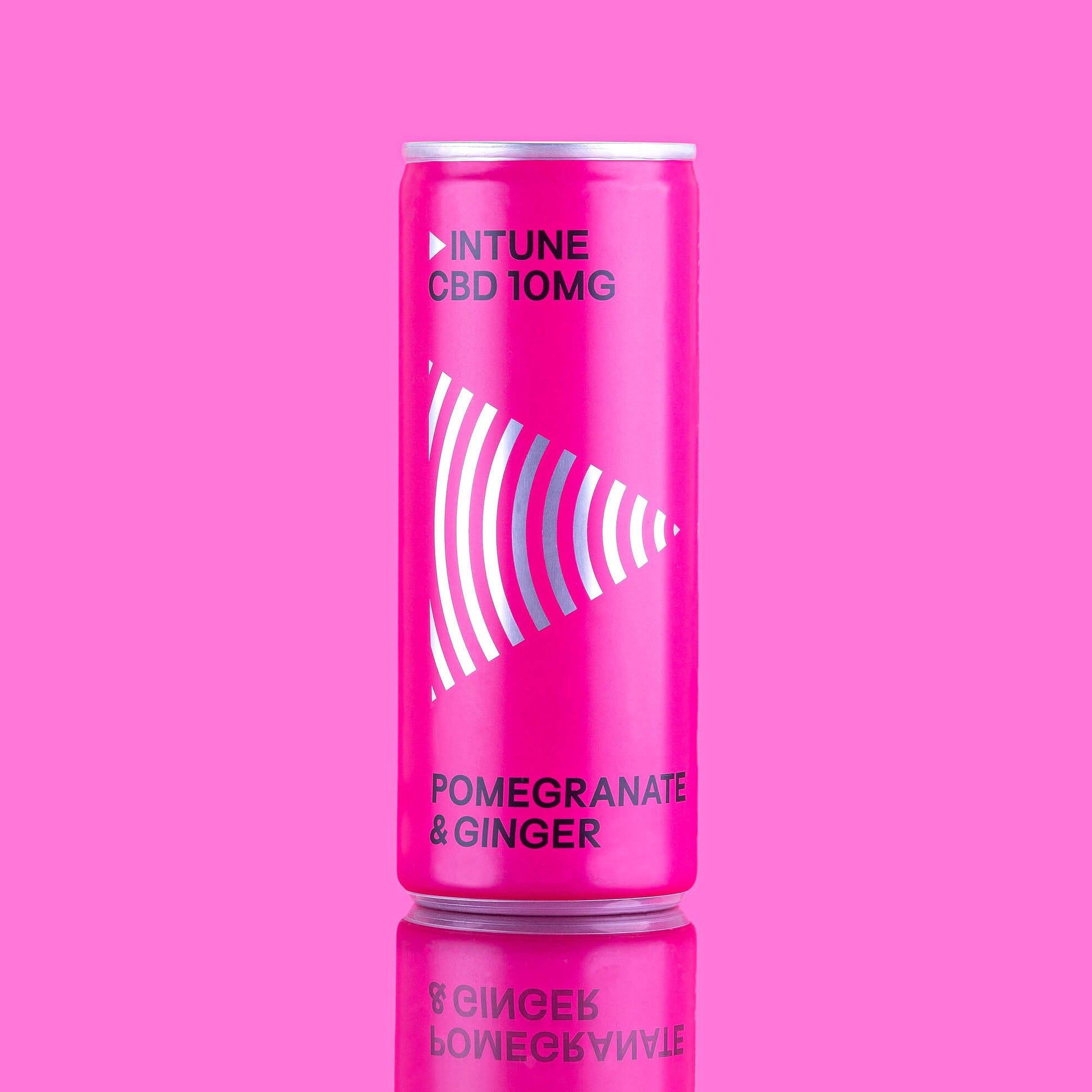 Brightly-coloured can of Pomegranate & Ginger CBD-infused drink. 10mg CBD. All natural; high quality, refreshing.